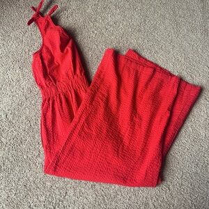Bright Red Jumpsuit With Cropped Wide Leg 💯 Cotton! Shoulder tie detail!